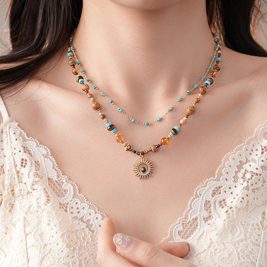 Turquoise Bead Sunflower 2-Piece Necklace Set