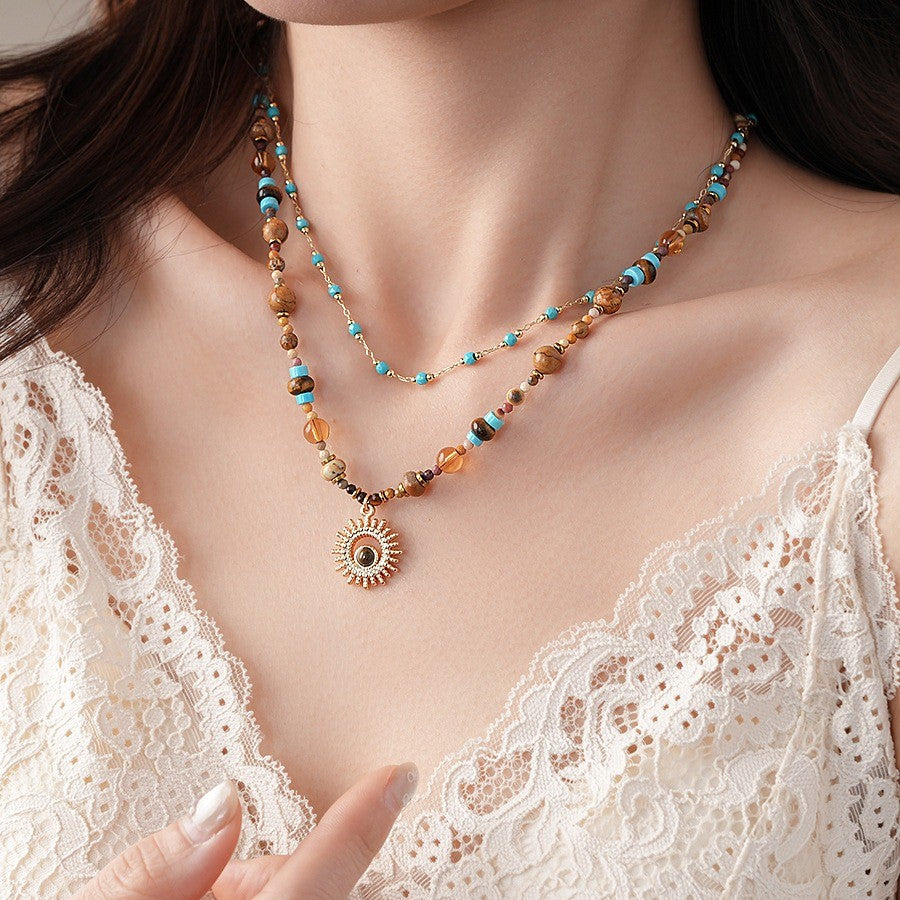 Turquoise Bead Sunflower 2-Piece Necklace Set