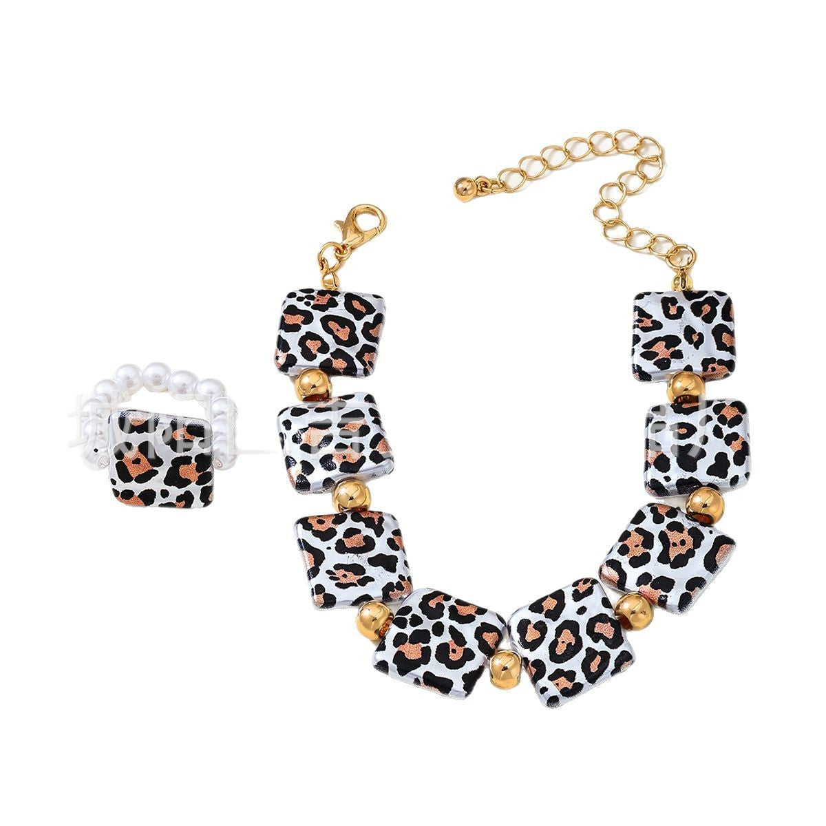 Leopard Print Square Bracelet & Pearl Ring Set