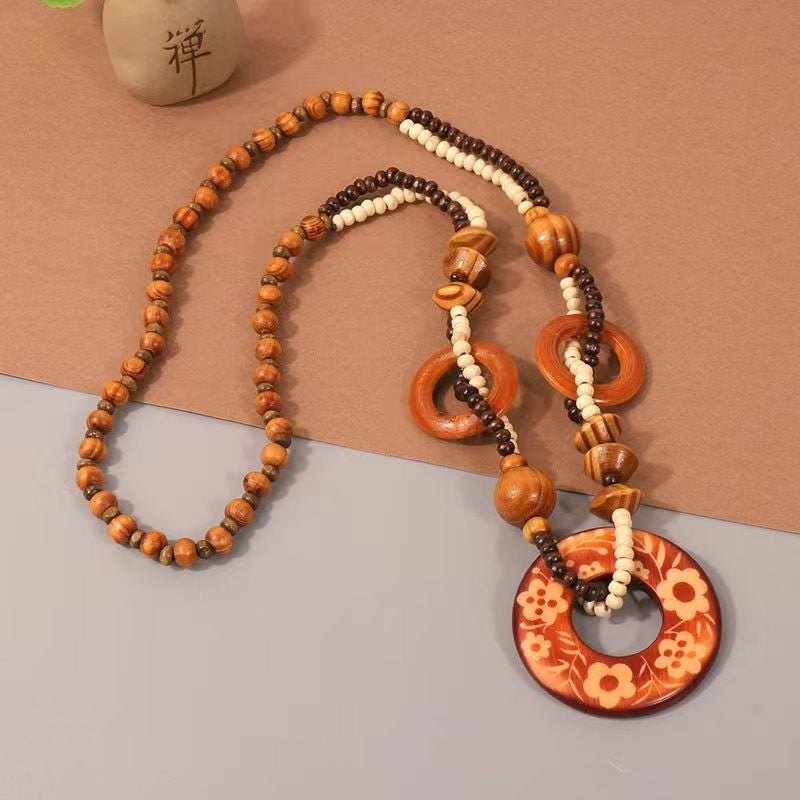 Floral Wooden Bead Necklace