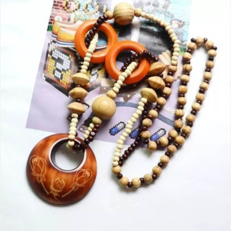 Floral Wooden Bead Necklace