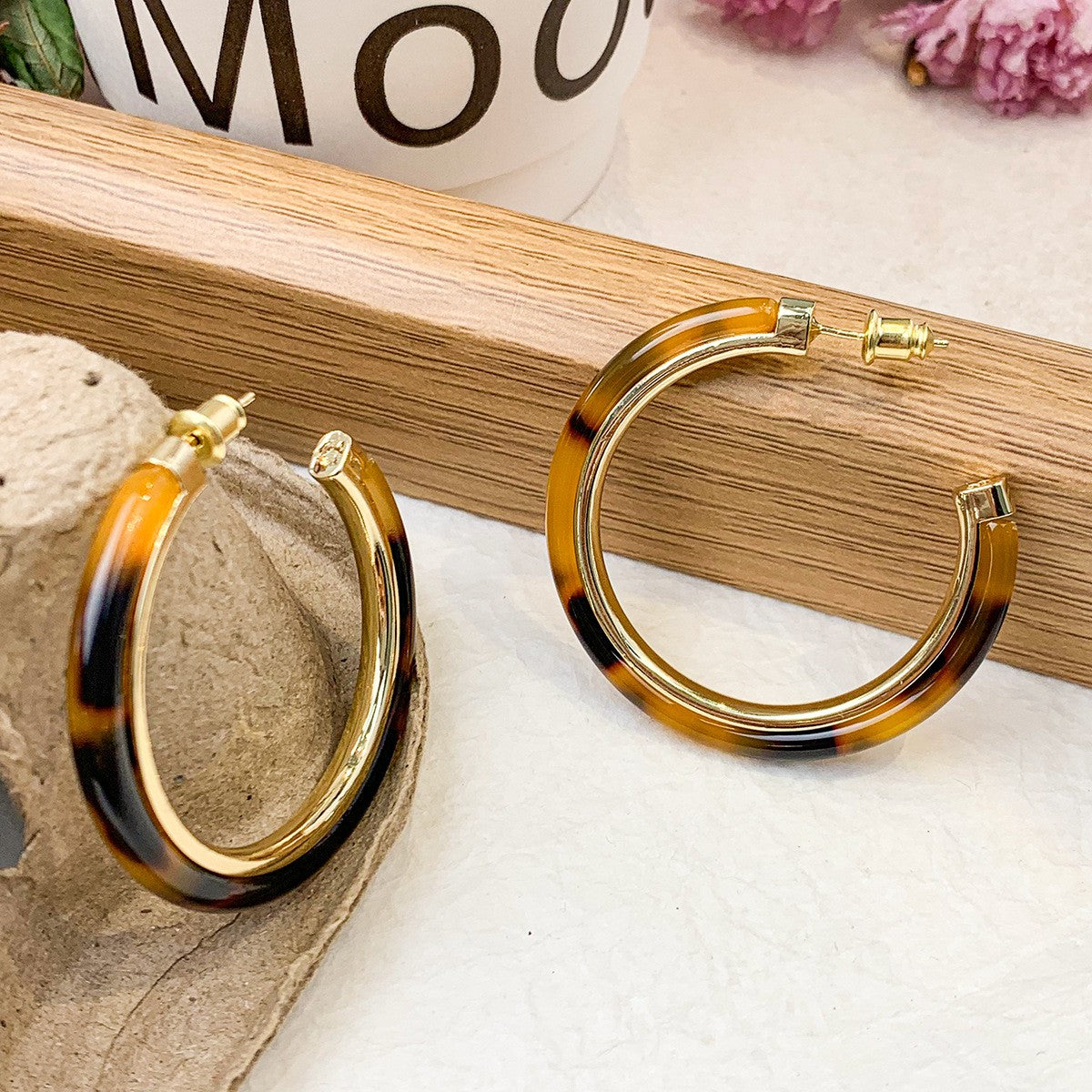 Tortoise Gold Trim Hoop Earrings