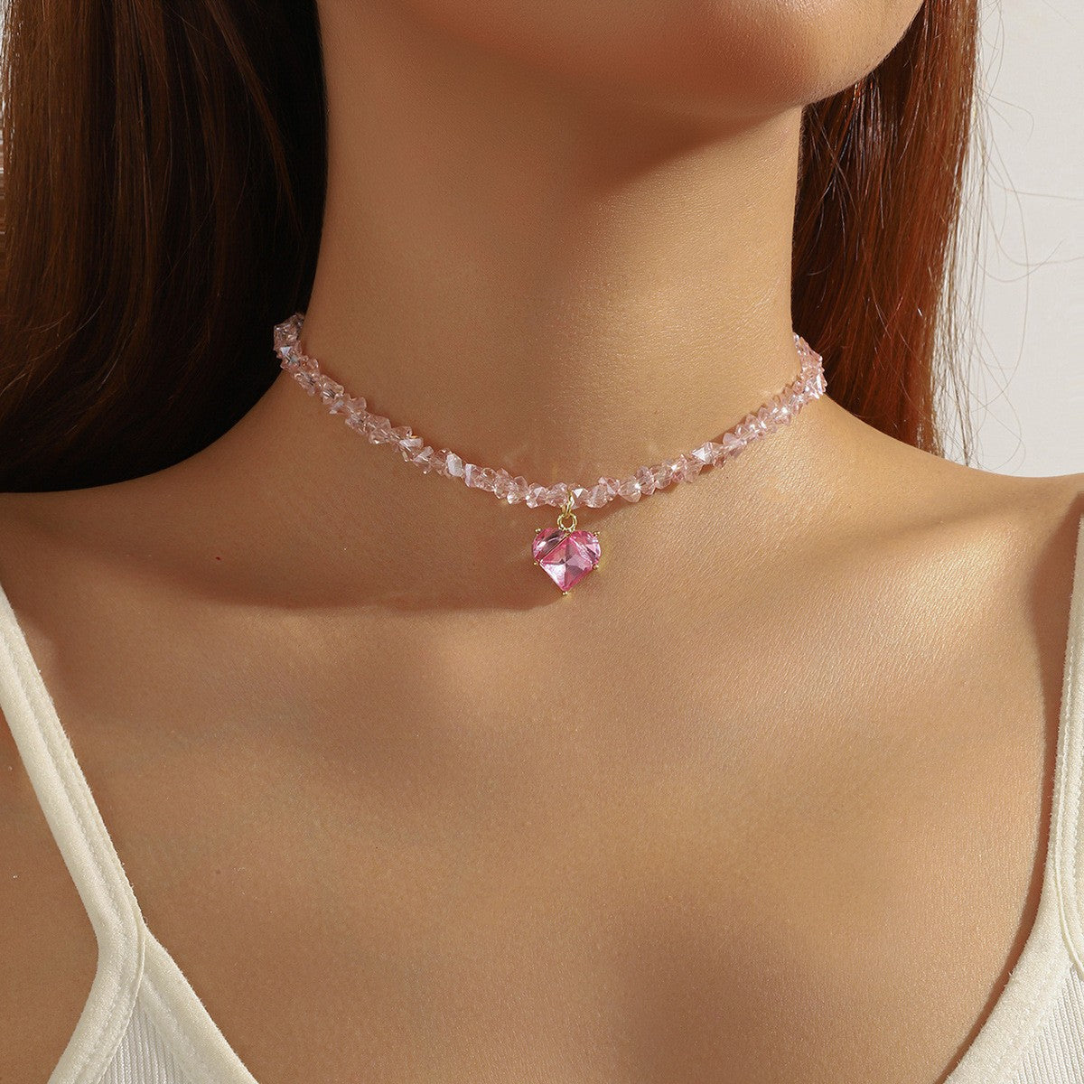 Faceted Crystal Heart Choker Necklace
