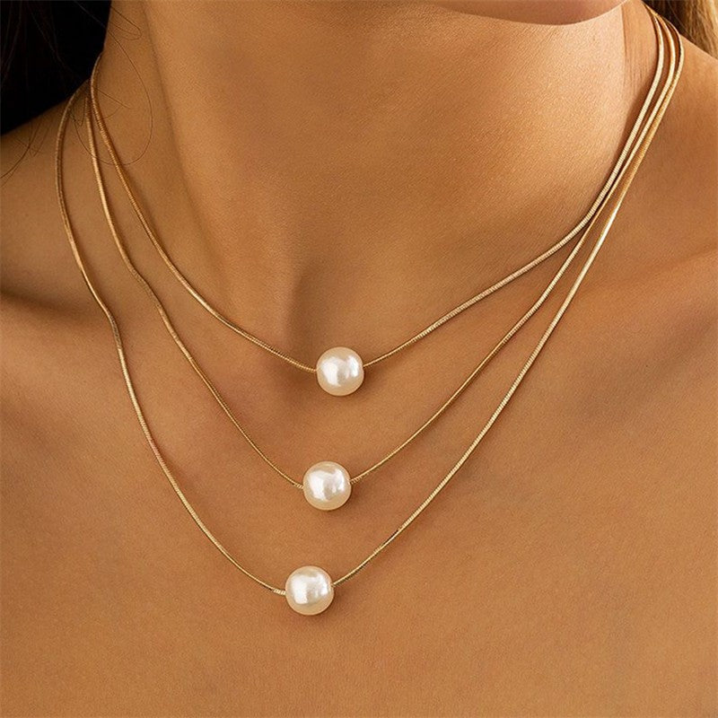Triple Layered Snake Chain Pearl Necklace
