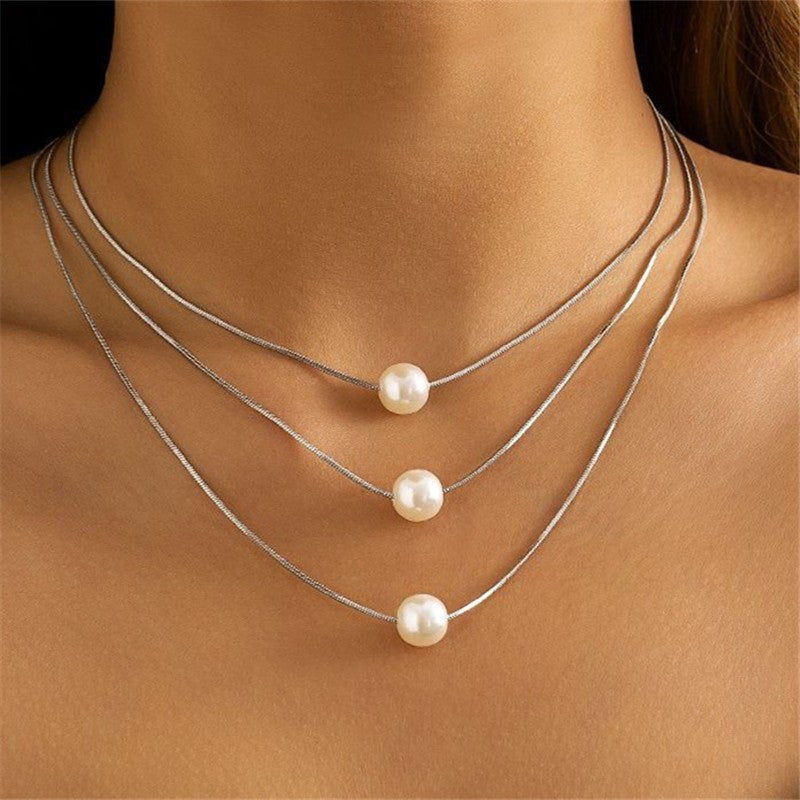 Triple Layered Snake Chain Pearl Necklace