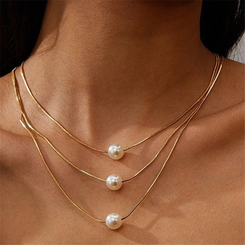 Triple Layered Snake Chain Pearl Necklace