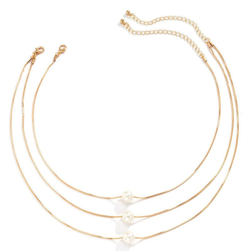 Triple Layered Snake Chain Pearl Necklace