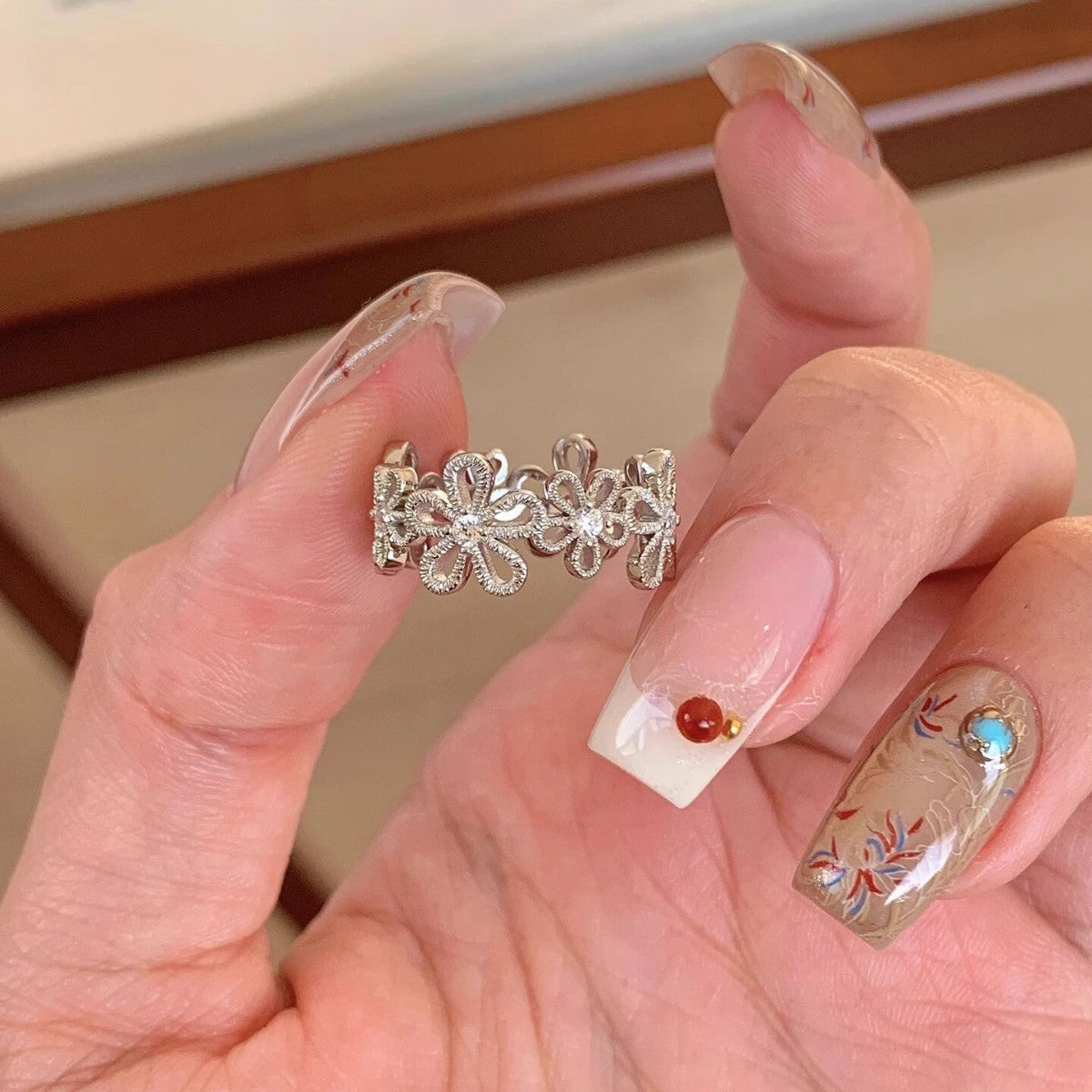 Floral & Diamond Cut Band Ring
