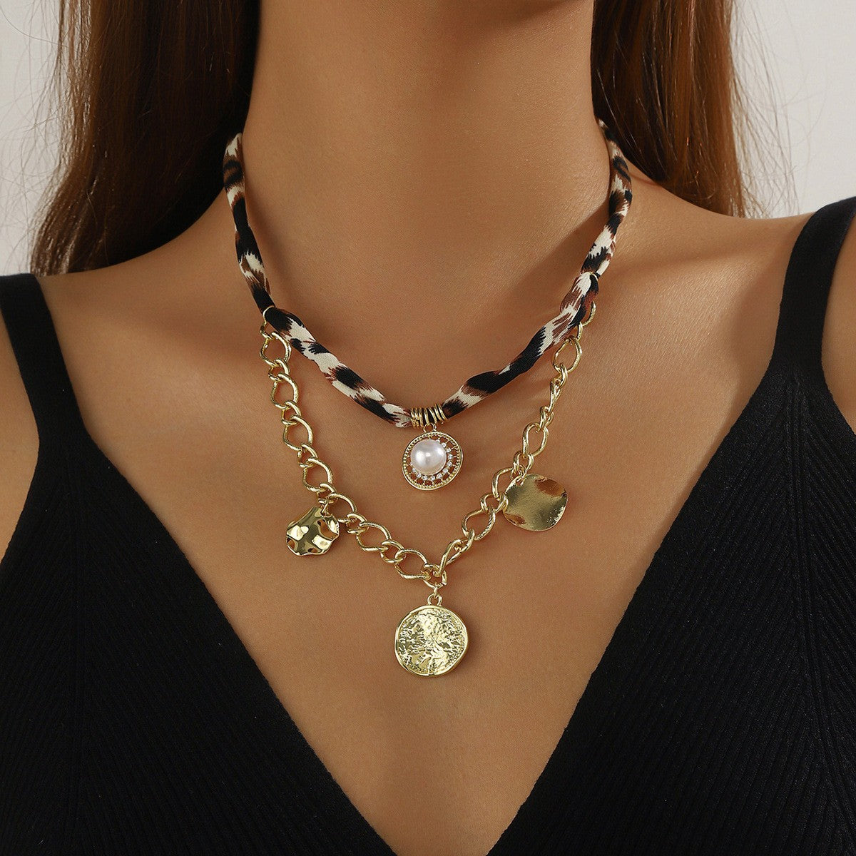 Leopard Print Pearl Coin Necklace