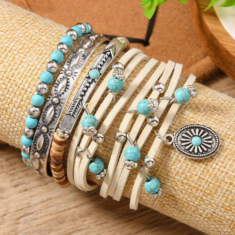Turquoise Bead & Leather Wrap Bracelet Set