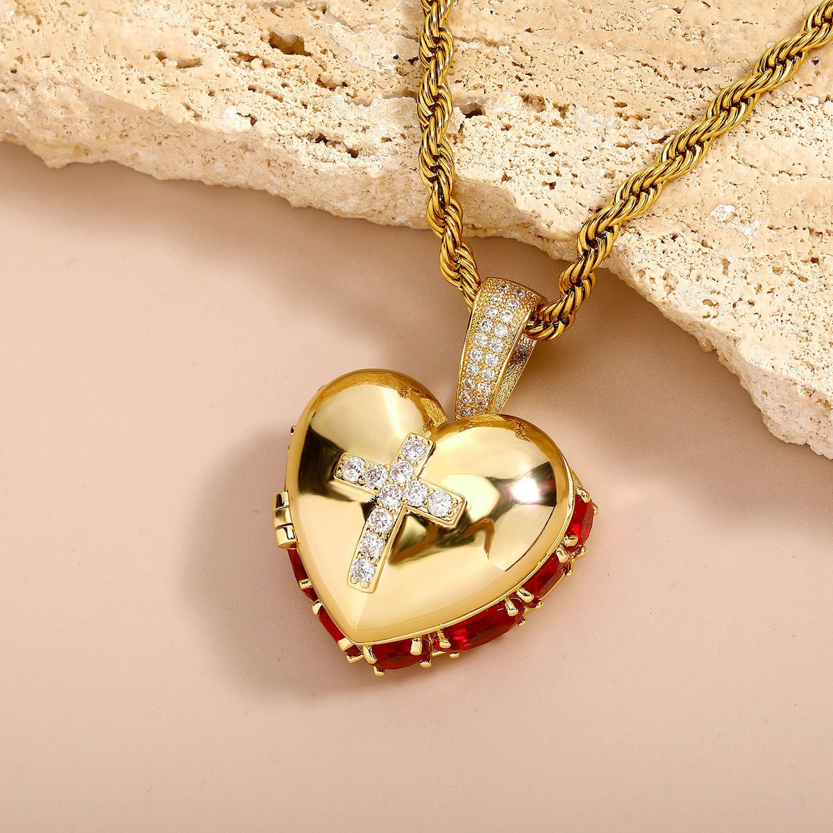 Red Stone Heart Cross Locket Necklace