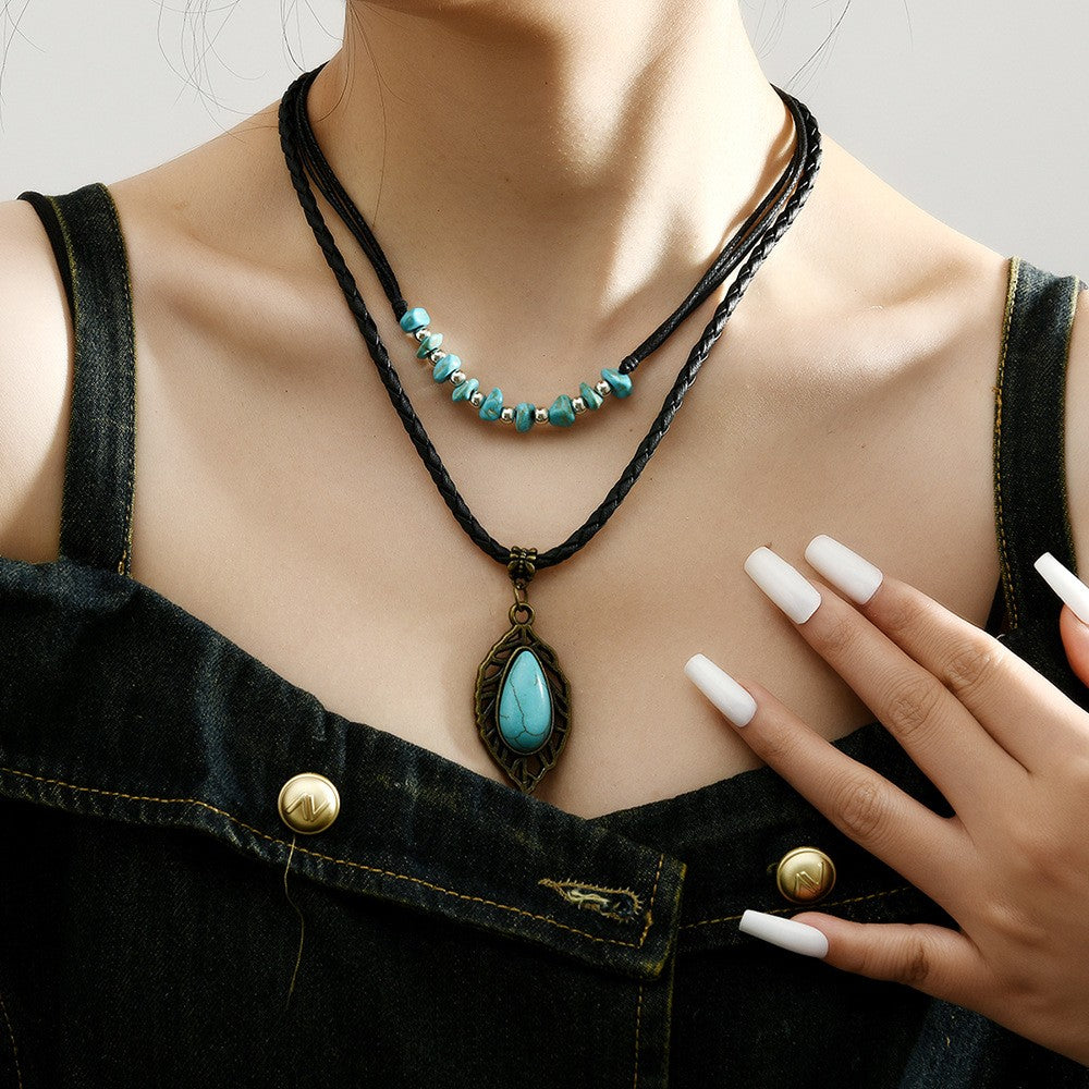 Turquoise Leaf & Bead Layered Necklace Set