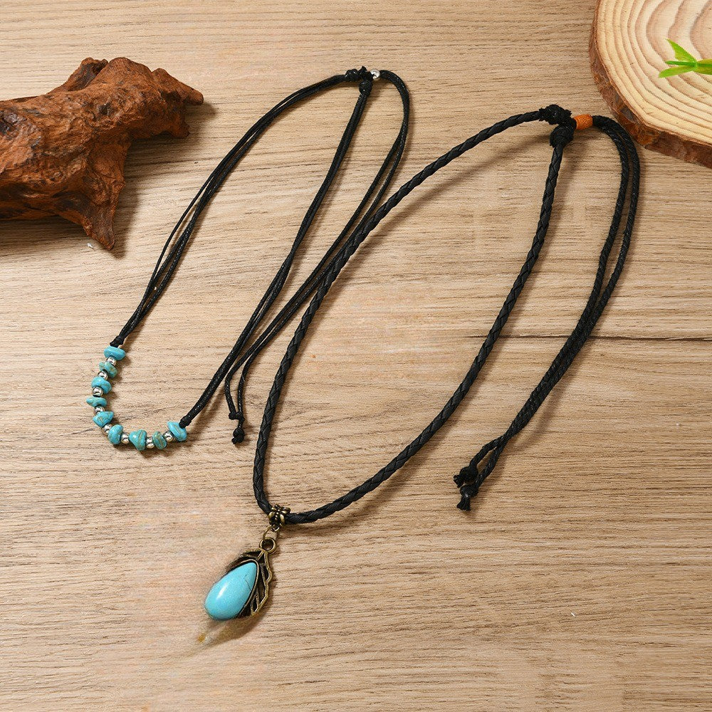 Turquoise Leaf & Bead Layered Necklace Set