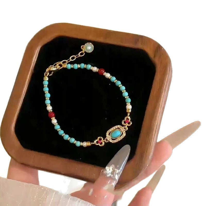 Turquoise Flower & Pearl Charm Bracelet