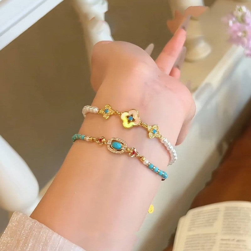 Turquoise Flower & Pearl Charm Bracelet