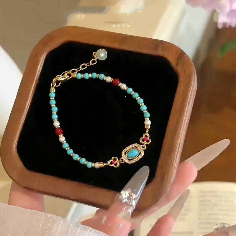 Turquoise Flower & Pearl Charm Bracelet