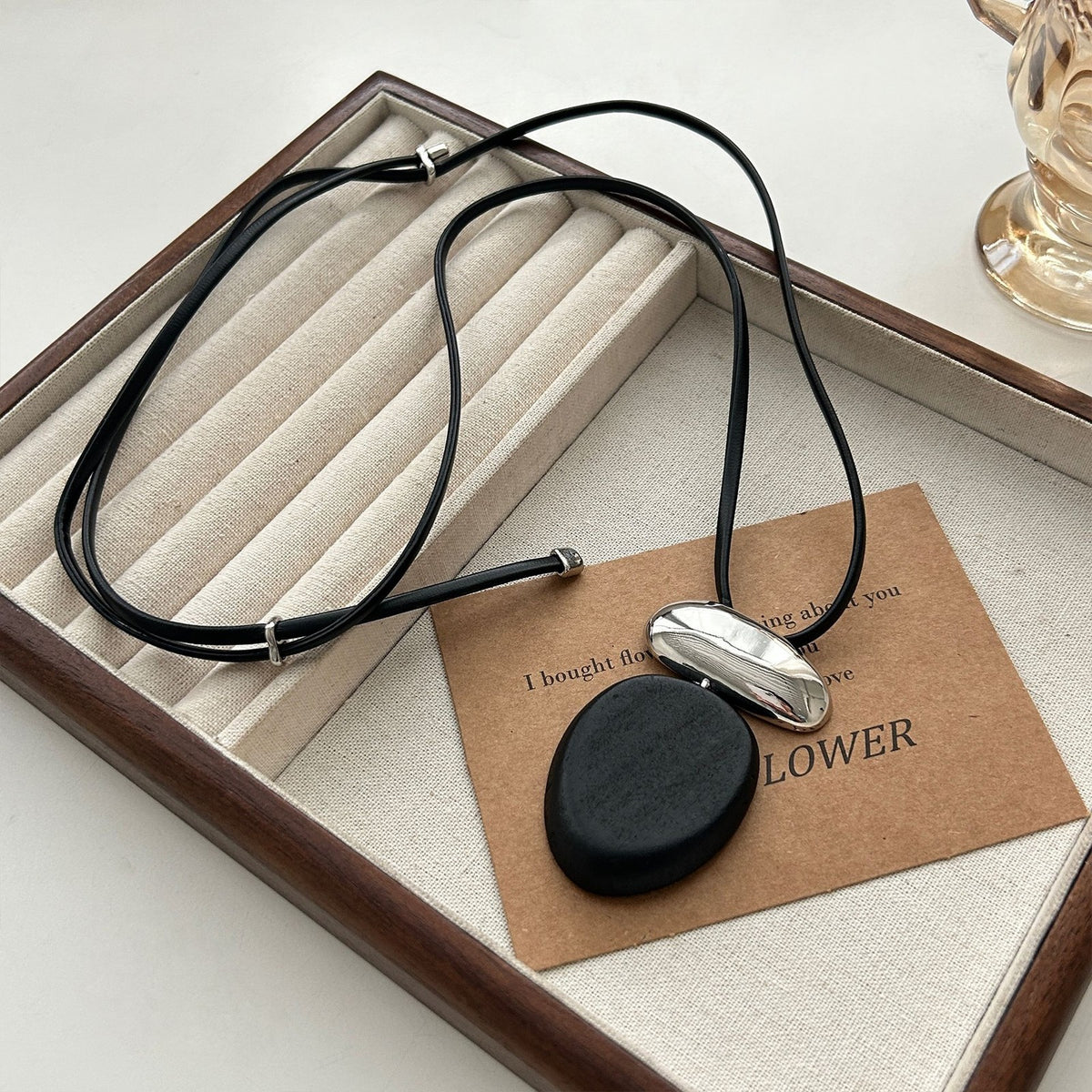 Mixed Material Oval Pendant Necklace