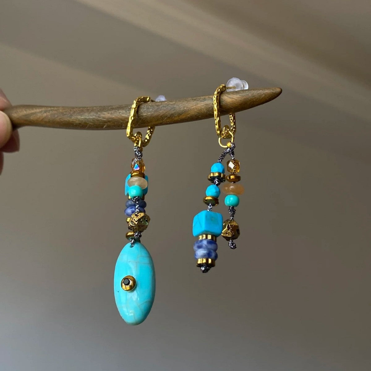 Asymmetric Turquoise & Amber Bead Drop Earrings