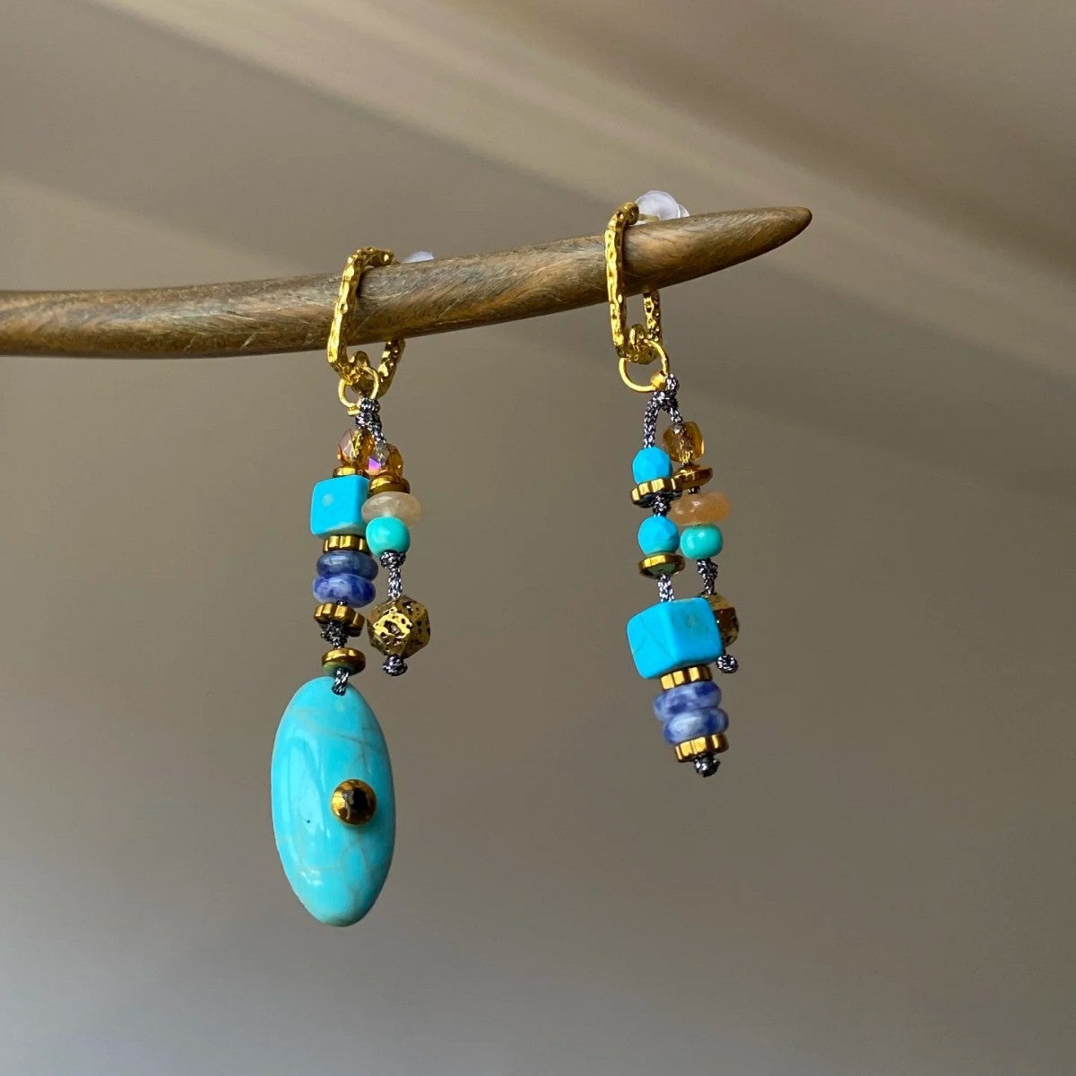 Asymmetric Turquoise & Amber Bead Drop Earrings