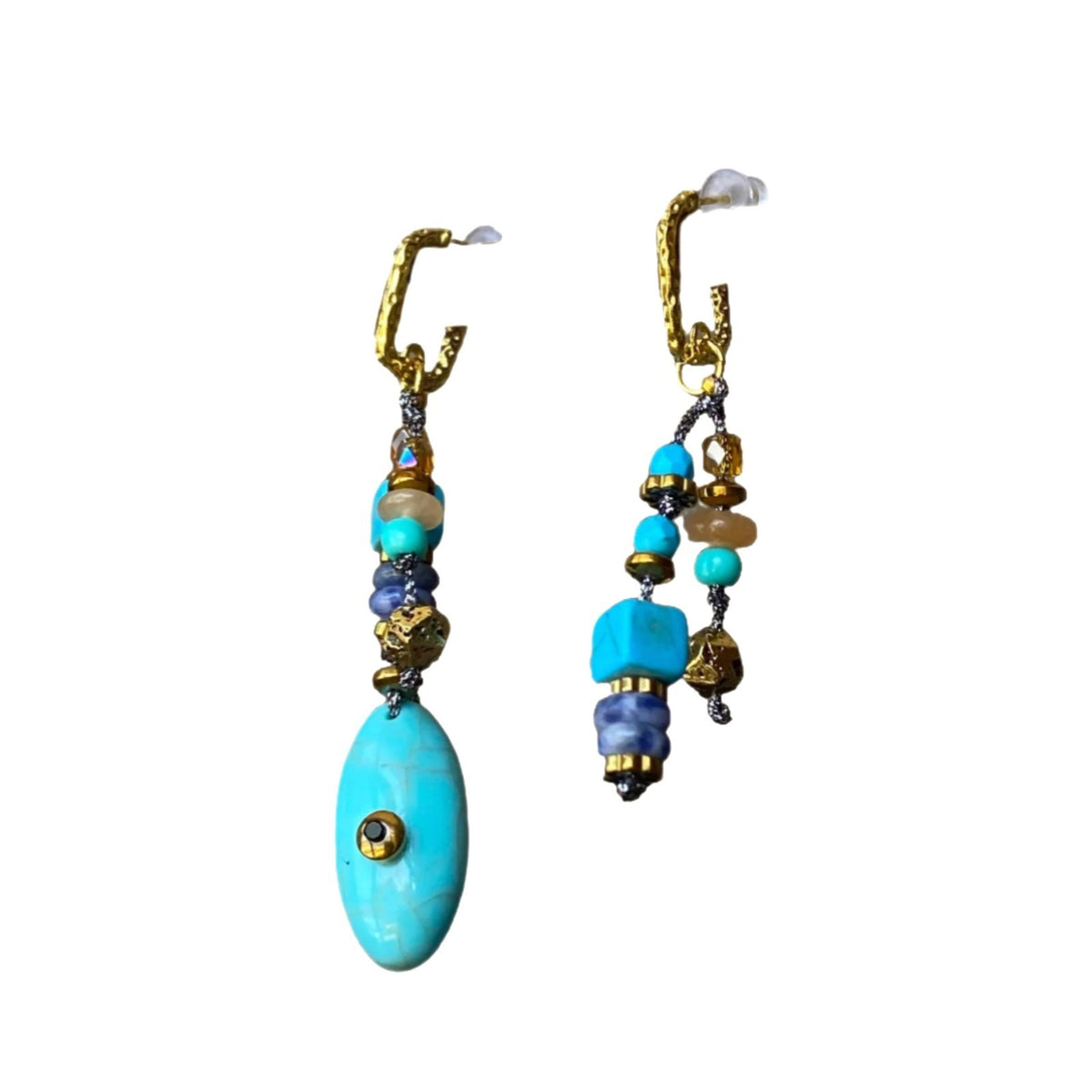 Asymmetric Turquoise & Amber Bead Drop Earrings