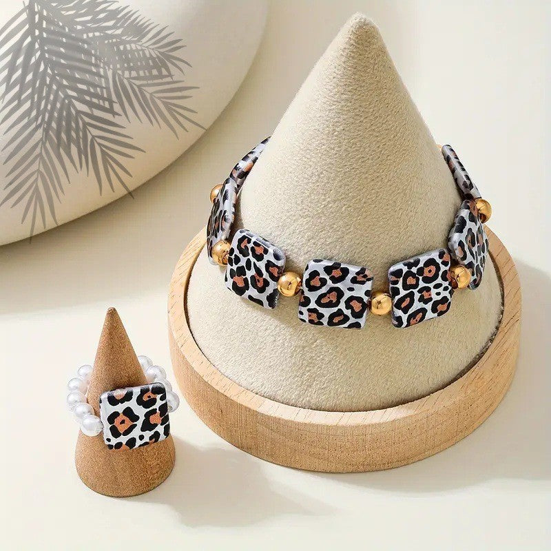 Leopard Square Bracelet & Pearl Ring Set