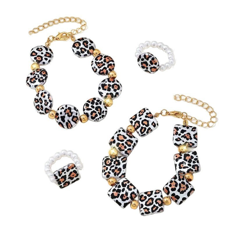 Leopard Square Bracelet & Pearl Ring Set