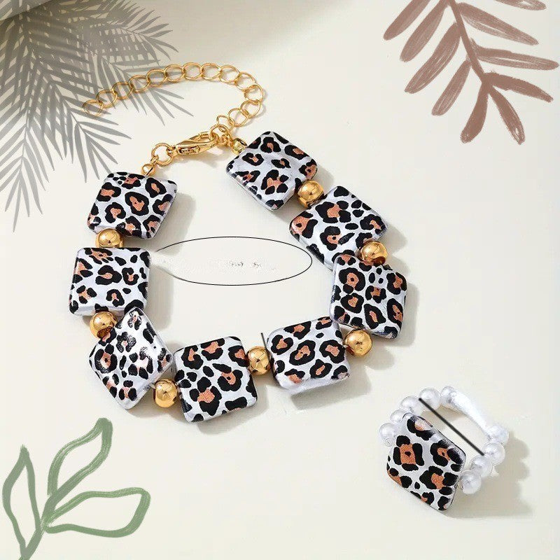Leopard Square Bracelet & Pearl Ring Set