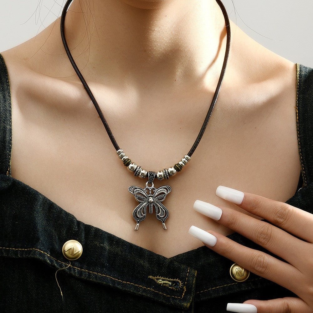 Butterfly Pendant Leather Cord Necklace