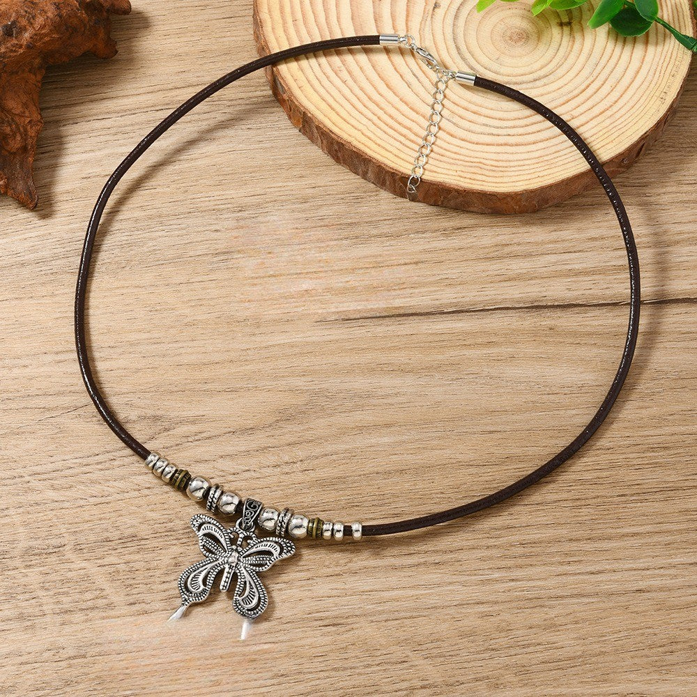 Butterfly Pendant Leather Cord Necklace