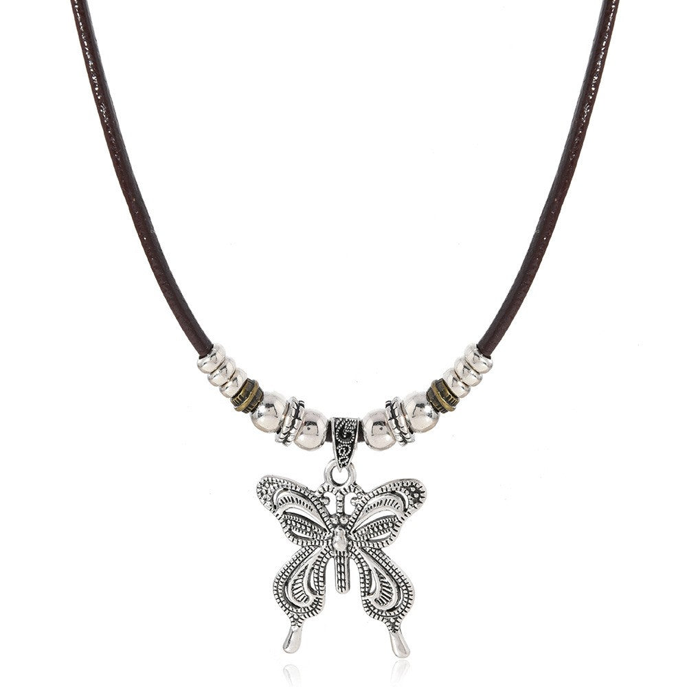 Butterfly Pendant Leather Cord Necklace