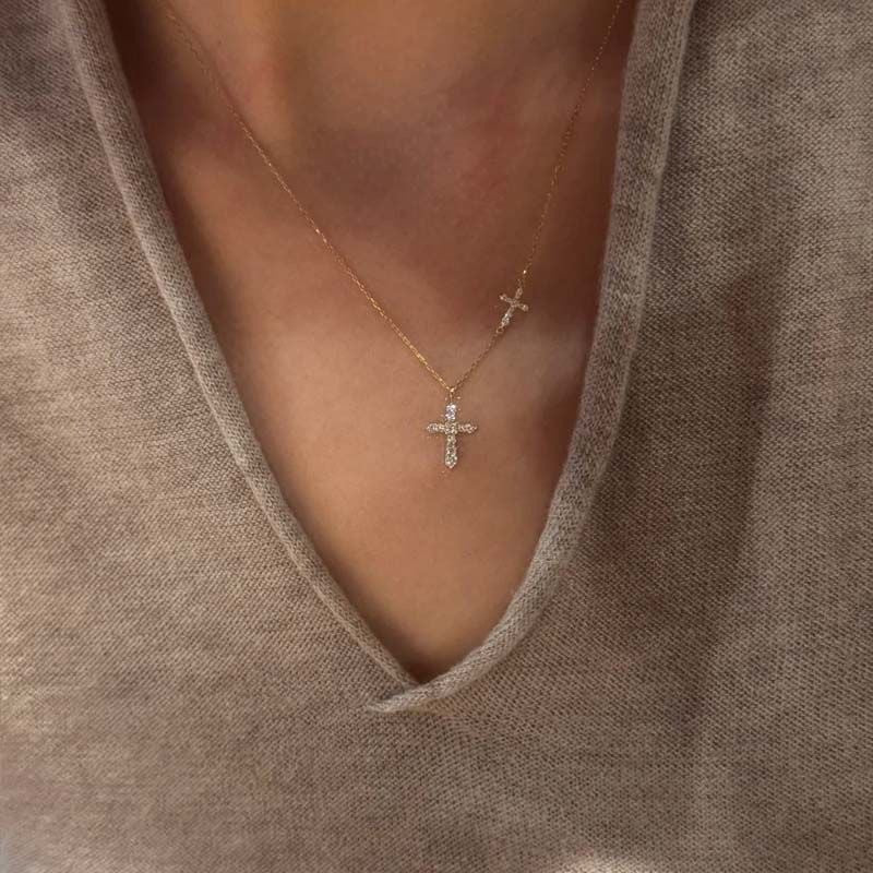 Rhinestone Offset Cross Necklace