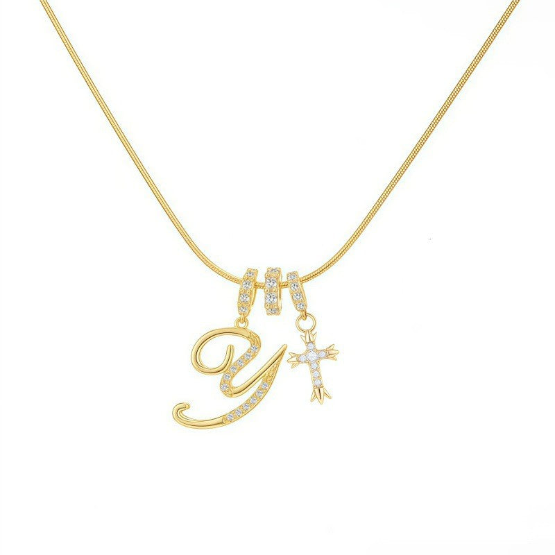 Crystal Initial & Cross Necklace