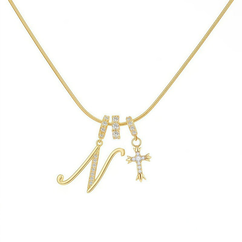 Crystal Initial & Cross Necklace