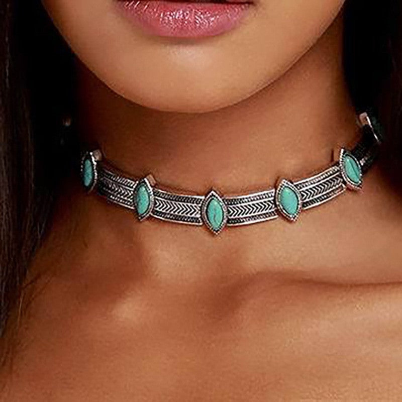 Turquoise Marquise Etched Choker Necklace