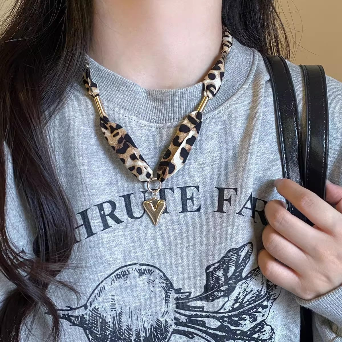 Leopard Fabric Scarf Heart Necklace