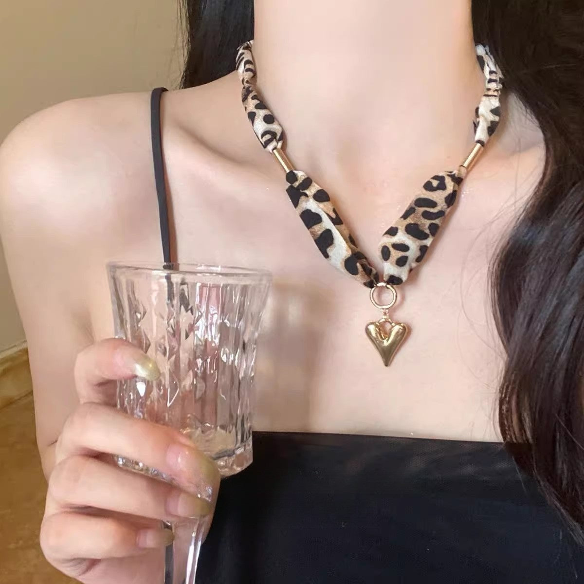 Leopard Fabric Scarf Heart Necklace