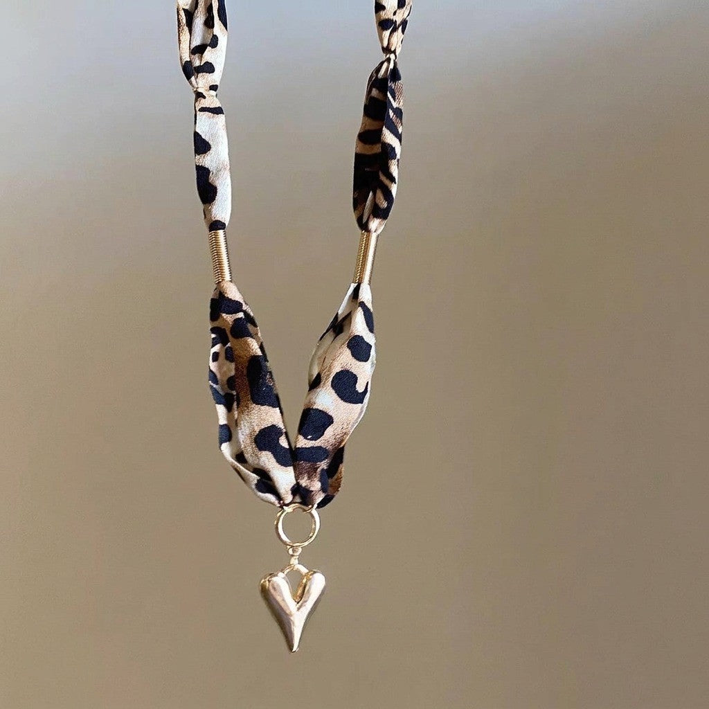 Leopard Fabric Scarf Heart Necklace