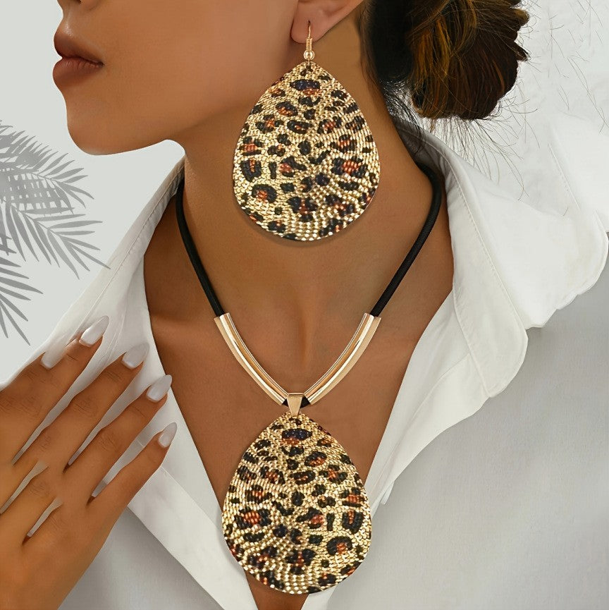 Leopard Beaded Teardrop Necklace & Earring Set