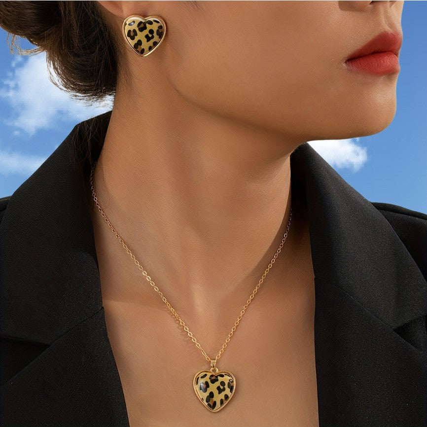 Leopard Heart Necklace & Earring Set