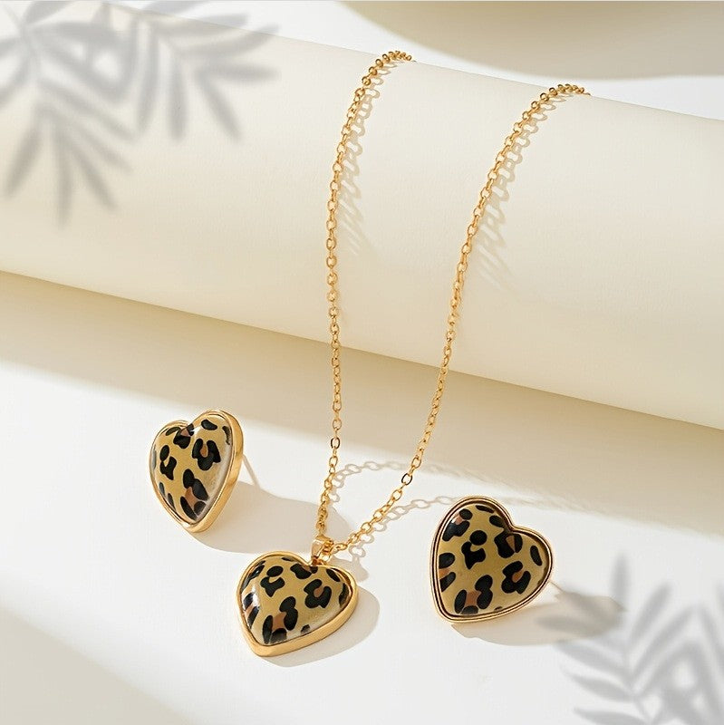 Leopard Heart Necklace & Earring Set
