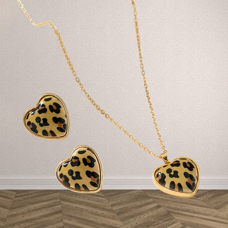Leopard Heart Necklace & Earring Set