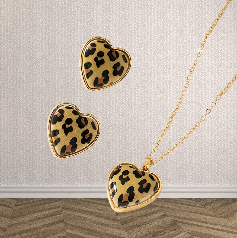 Leopard Heart Necklace & Earring Set