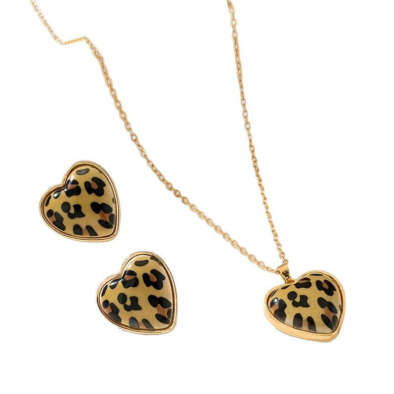 Leopard Heart Necklace & Earring Set