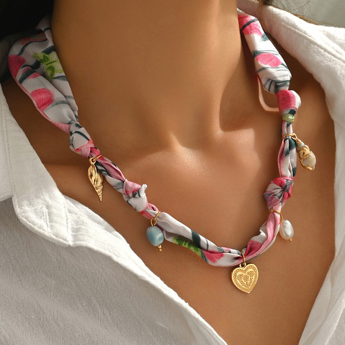 Floral Charm Ribbon Necklace