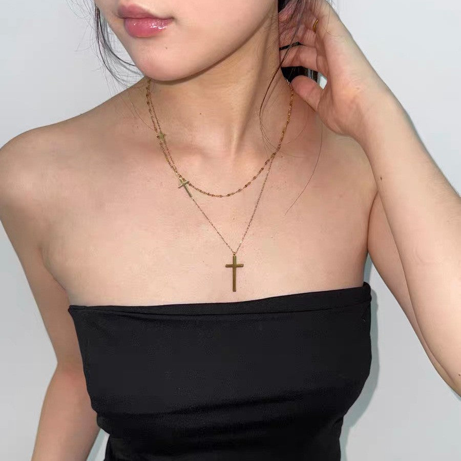 Layered Cross & Diamond Cut Chain Necklace