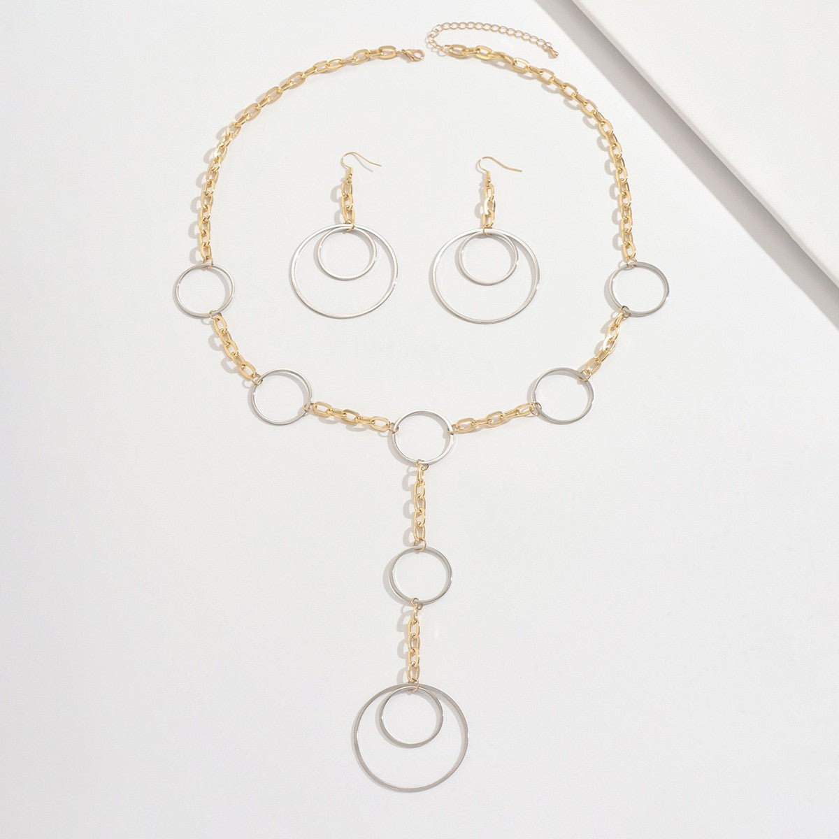 Two-Tone Circle Lariat Necklace & Earring Set