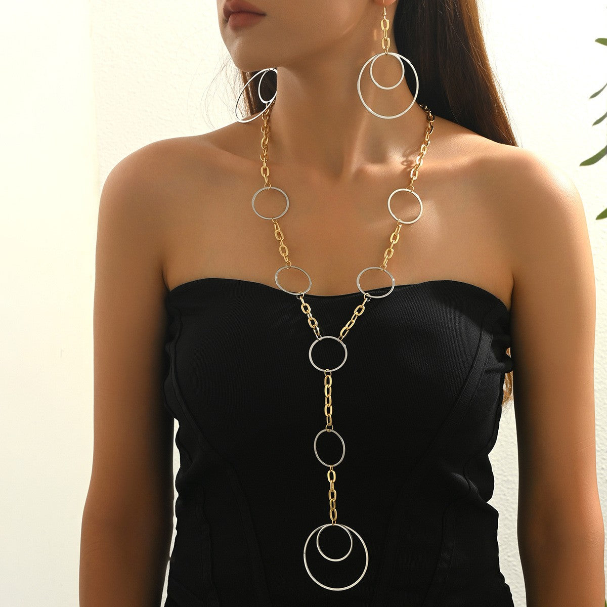 Two-Tone Circle Lariat Necklace & Earring Set