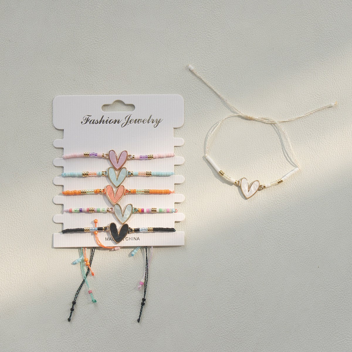 Colorful Beaded Heart Charm Bracelet Set