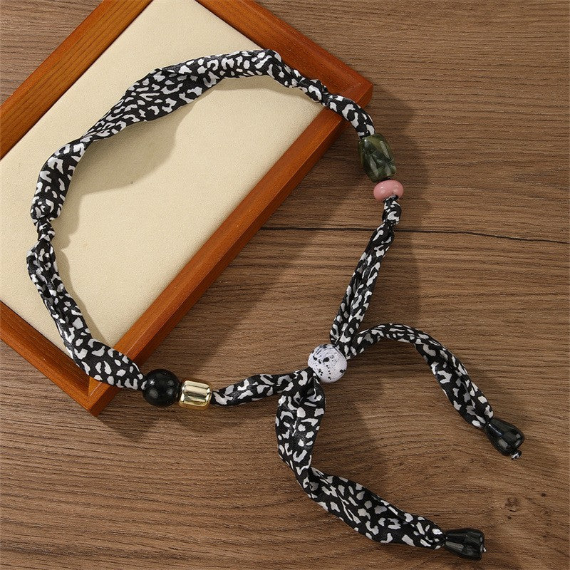 Mixed Print Beaded Scarf Necklace