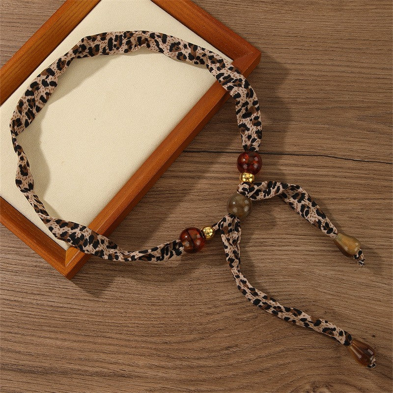 Mixed Print Beaded Scarf Necklace